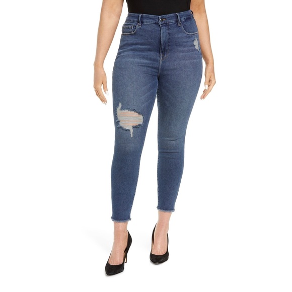 GOOD AMERICAN Womens Blue Pocketed Zippered Frayed Hem High Waist Jeans main image 0